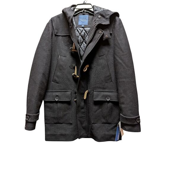 Nautica Wool-Blend Full Zip Toggle Pea Coat Hooded style #72NE SMALL Black NEW - Picture 1 of 6
